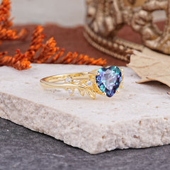 Nature Inspired 4 Prong Heart Shaped Alexandrite Wedding Ring