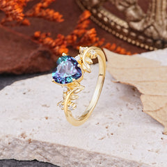 Nature Inspired 4 Prong Heart Shaped Alexandrite Wedding Ring