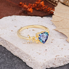 Nature Inspired 4 Prong Heart Shaped Alexandrite Wedding Ring
