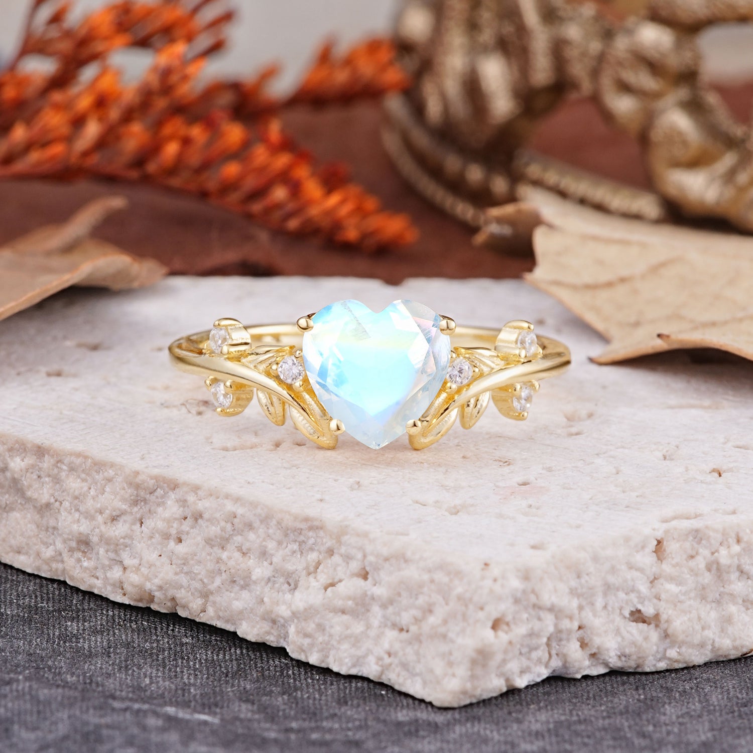 Nature Inspired 4 Prong Heart Shaped Moonstone Engagement Ring - Romalar Jewelry