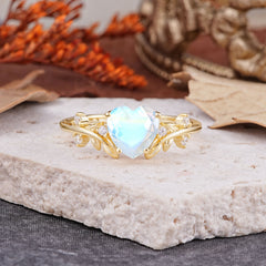 Nature Inspired 4 Prong Heart Shaped Moonstone Wedding Ring