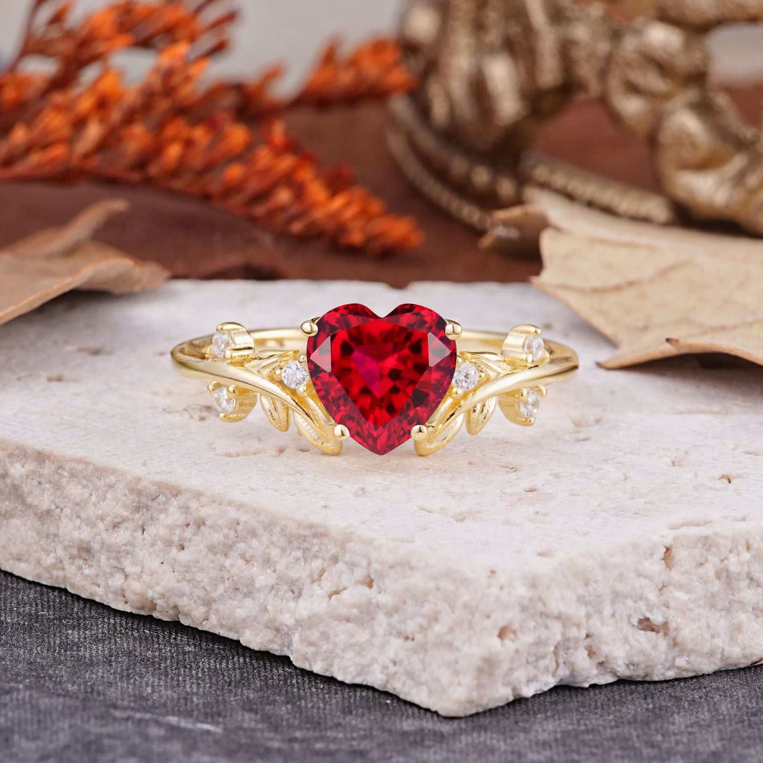 Nature Inspired 4 Prong Heart Shaped Ruby Engagement Ring