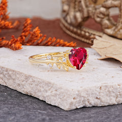 Nature Inspired 4 Prong Heart Shaped Ruby Wedding Ring
