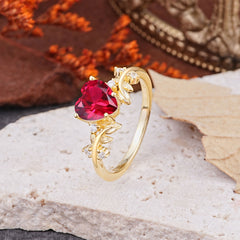 Nature Inspired 4 Prong Heart Shaped Ruby Wedding Ring