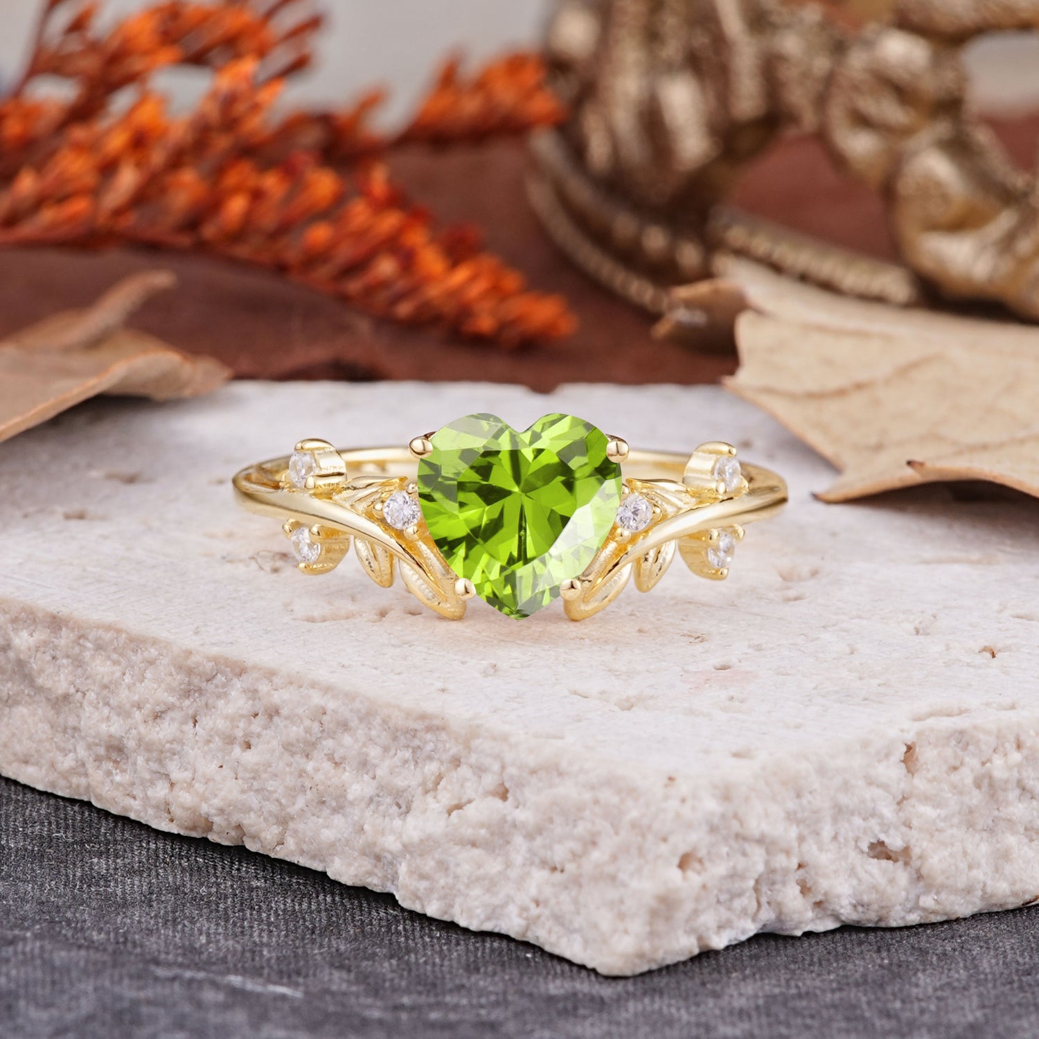 Nature Inspired 4 Prong Heart Shaped Peridot Engagement Ring
