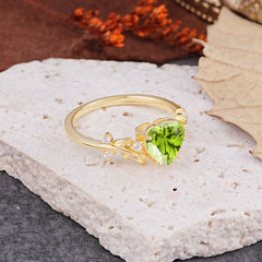 Nature Inspired 4 Prong Heart Shaped Peridot Wedding Ring