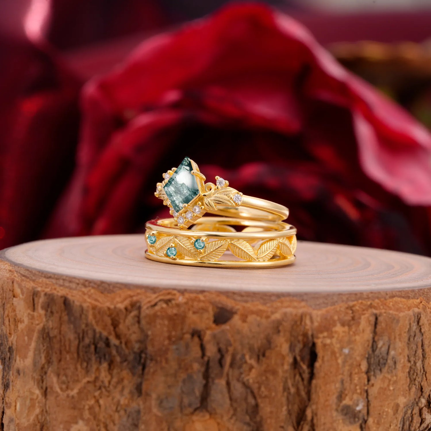 Nature-Inspired 4-Prong Kite-Cut Moss Agate Engagement Couple Rings