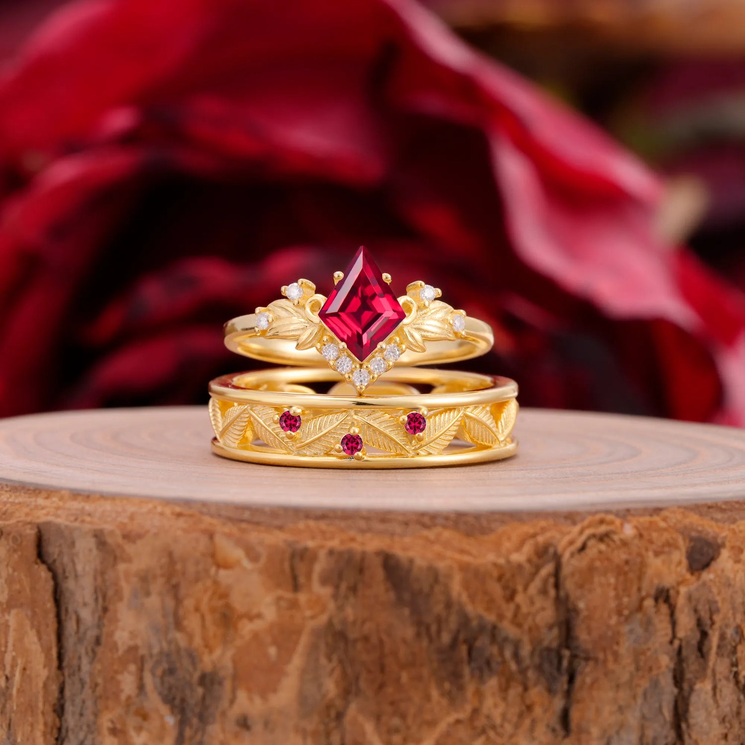Nature-Inspired  4-Prong Kite-Cut Ruby Engagement Couple Rings