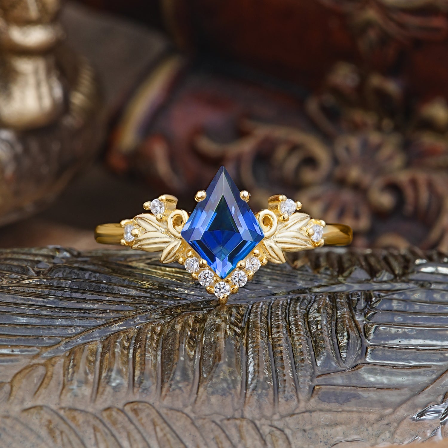 Luxury Nature-Inspired 4-Prong Kite-Cut Sapphire Agate Engagement Ring