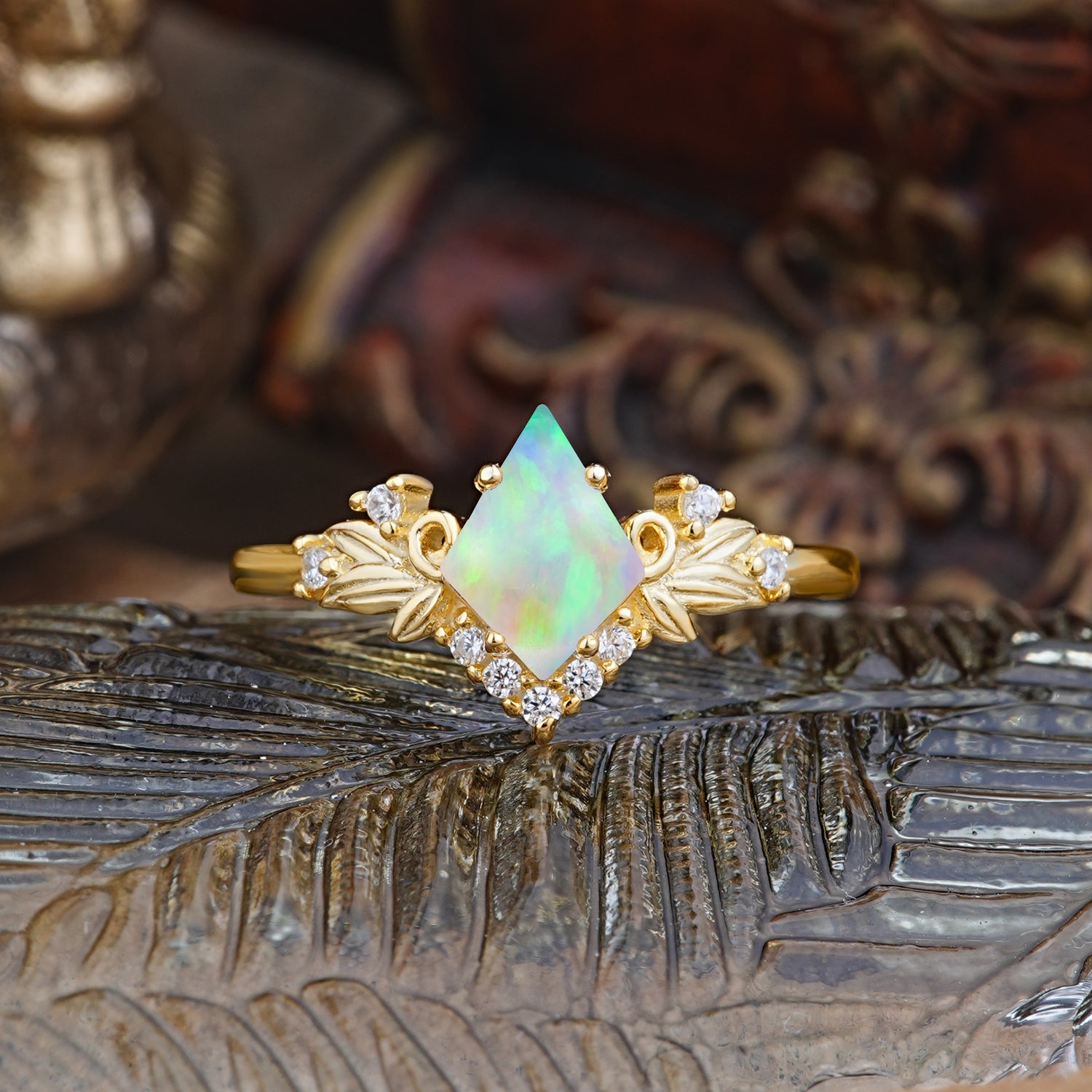 Luxury Nature-Inspired 4-Prong Kite-Cut Natural Opal Engagement Ring