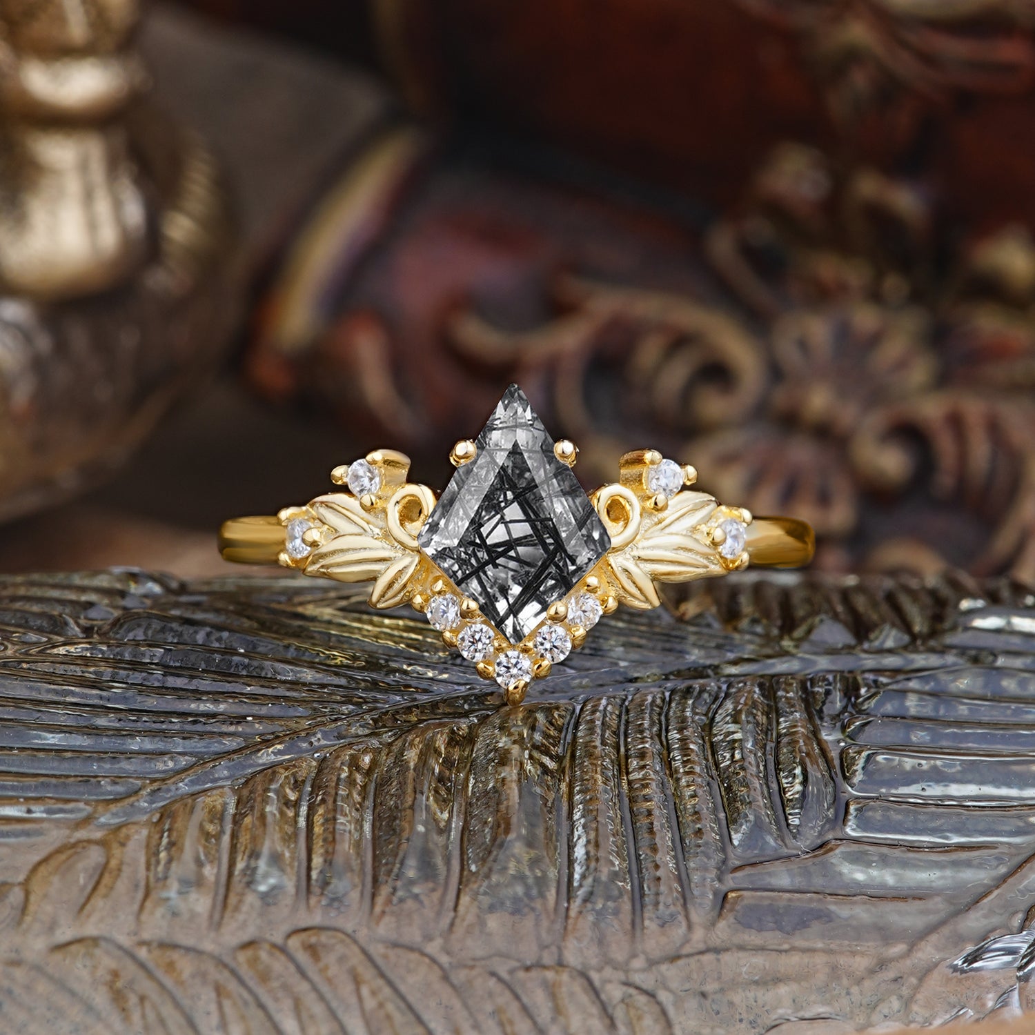 Luxury Nature-Inspired 4-Prong Kite-Cut Natural Black Rutilated Quartz Engagement Ring