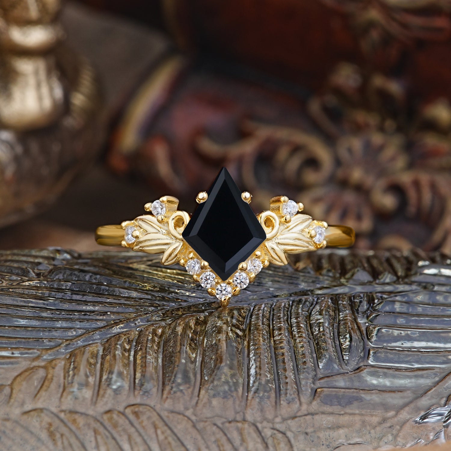 Luxury Nature-Inspired 4-Prong Kite-Cut Natural Black Onyx Engagement Ring