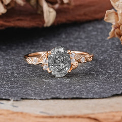 Retro Nature-Inspired 4-Prong Oval-Cut Black Rutilated Quartz Engagement Ring
