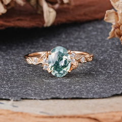 Retro Nature-Inspired 4-Prong Oval-Cut Natural Moss Agate Engagement Ring