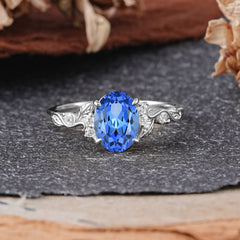 Retro Nature-Inspired 4-Prong Oval-Cut Sapphire Engagement Ring
