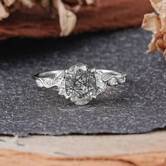 Retro Nature-Inspired 4-Prong Oval-Cut Black Rutilated Quartz Engagement Ring