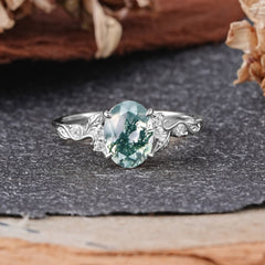 Retro Nature-Inspired 4-Prong Oval-Cut Natural Moss Agate Engagement Ring