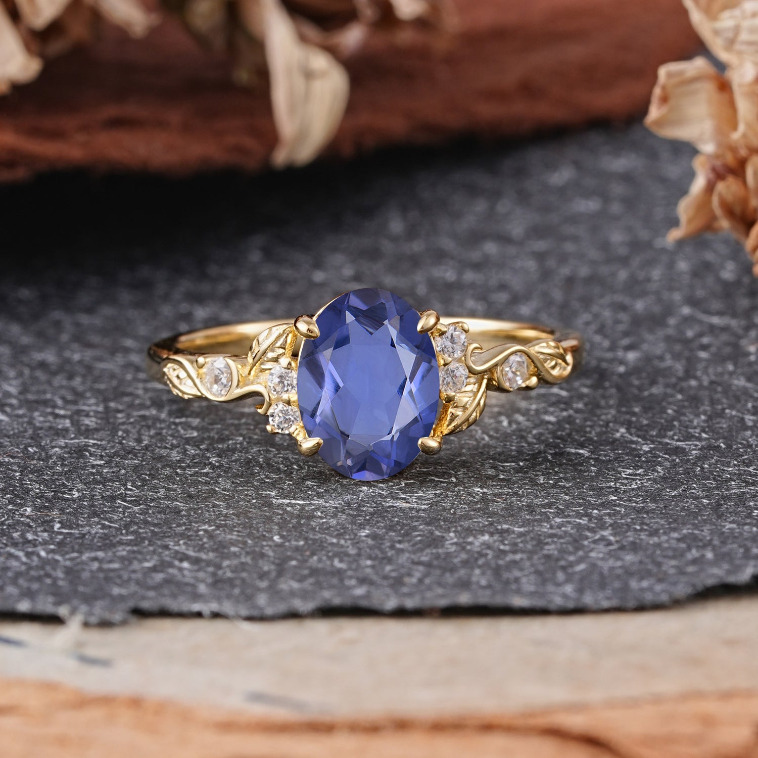 Retro Nature-Inspired 4-Prong Oval-Cut Tanzanite Engagement Ring