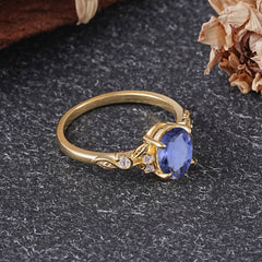 Retro Nature-Inspired 4-Prong Oval-Cut Tanzanite Engagement Ring