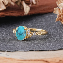 Retro Nature-Inspired 4-Prong Oval-Cut Turquoise Engagement Ring