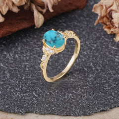 Retro Nature-Inspired 4-Prong Oval-Cut Turquoise Engagement Ring