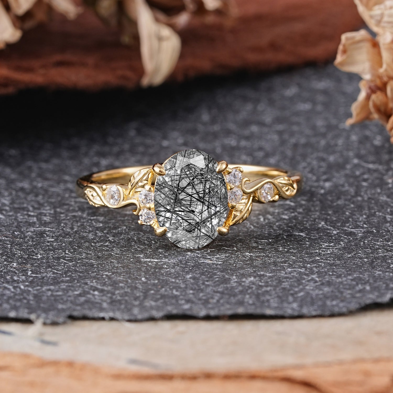 Retro Nature-Inspired 4-Prong Oval-Cut Black Rutilated Quartz Engagement Ring