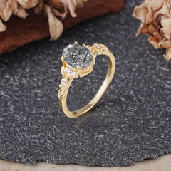 Retro Nature-Inspired 4-Prong Oval-Cut Black Rutilated Quartz Engagement Ring