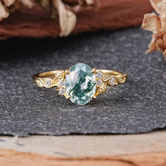 Retro Nature-Inspired 4-Prong Oval-Cut Natural Moss Agate Engagement Ring
