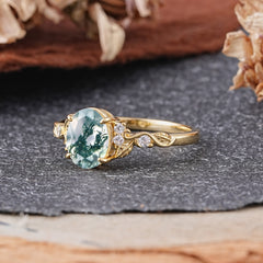 Retro Nature-Inspired 4-Prong Oval-Cut Natural Moss Agate Engagement Ring