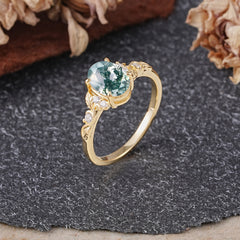 Retro Nature-Inspired 4-Prong Oval-Cut Natural Moss Agate Engagement Ring