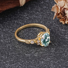 Retro Nature-Inspired 4-Prong Oval-Cut Natural Moss Agate Engagement Ring