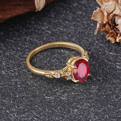Retro Nature-Inspired 4-Prong Oval-Cut Ruby Engagement Ring