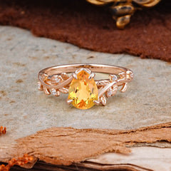 Nature-Inspired Vine-Entwined 4-Prong Teardrop-Cut Citrine Engagement Ring