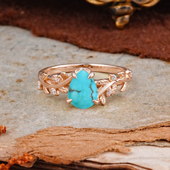 Nature-Inspired Vine-Entwined 4-Prong Teardrop-Cut Turquoise Engagement Ring