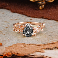 Nature-Inspired Vine-Entwined 4-Prong Teardrop-Cut Black Rutilated Quartz Engagement Ring