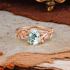 Nature-Inspired Vine-Entwined 4-Prong Teardrop-Cut Natural Moss Agate Engagement Ring