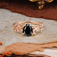 Nature-Inspired Vine-Entwined 4-Prong Teardrop-Cut Black Onyx Engagement Ring