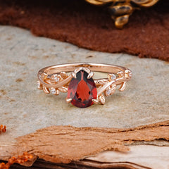 Nature-Inspired Vine-Entwined 4-Prong Teardrop-Cut Garnet Engagement Ring