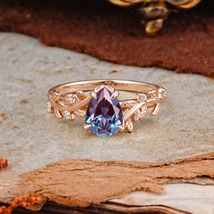 Nature-Inspired Vine-Entwined 4-Prong Teardrop-Cut Alexandrite Engagement Ring