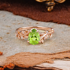 Nature-Inspired Vine-Entwined 4-Prong Teardrop-Cut Peridot Engagement Ring