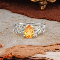 Nature-Inspired Vine-Entwined 4-Prong Teardrop-Cut Citrine Engagement Ring