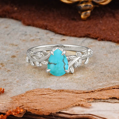 Nature-Inspired Vine-Entwined 4-Prong Teardrop-Cut Turquoise Engagement Ring