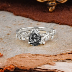 Nature-Inspired Vine-Entwined 4-Prong Teardrop-Cut Black Rutilated Quartz Engagement Ring