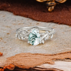 Nature-Inspired Vine-Entwined 4-Prong Teardrop-Cut Natural Moss Agate Engagement Ring