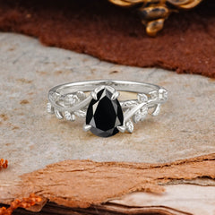 Nature-Inspired Vine-Entwined 4-Prong Teardrop-Cut Black Onyx Engagement Ring