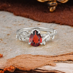 Nature-Inspired Vine-Entwined 4-Prong Teardrop-Cut Garnet Engagement Ring