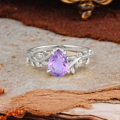 Nature-Inspired Vine-Entwined 4-Prong Teardrop-Cut Amethyst Engagement Ring