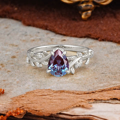 Nature-Inspired Vine-Entwined 4-Prong Teardrop-Cut Alexandrite Engagement Ring