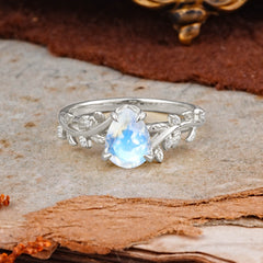 Nature-Inspired Vine-Entwined 4-Prong Teardrop-Cut Moonstone Engagement Ring