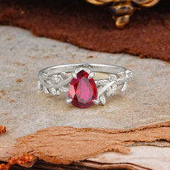 Nature-Inspired Vine-Entwined 4-Prong Teardrop-Cut Ruby Engagement Ring